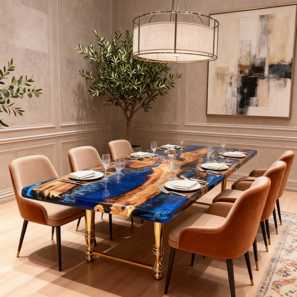 Table rivière sur mesure en bois d'olivier et résine époxy bleu saphir ZJW-742