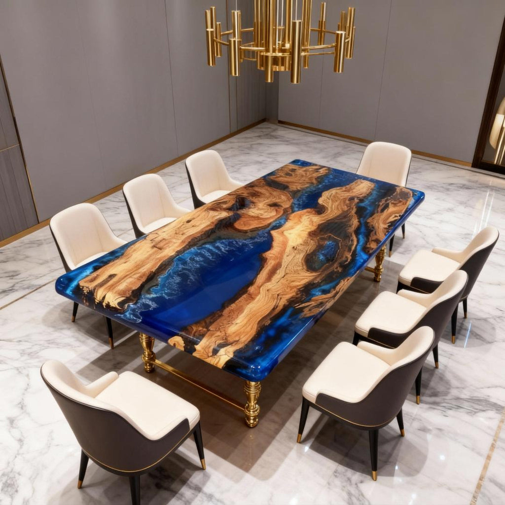 Table rivière sur mesure en bois d'olivier et résine époxy bleu saphir ZJW-742
