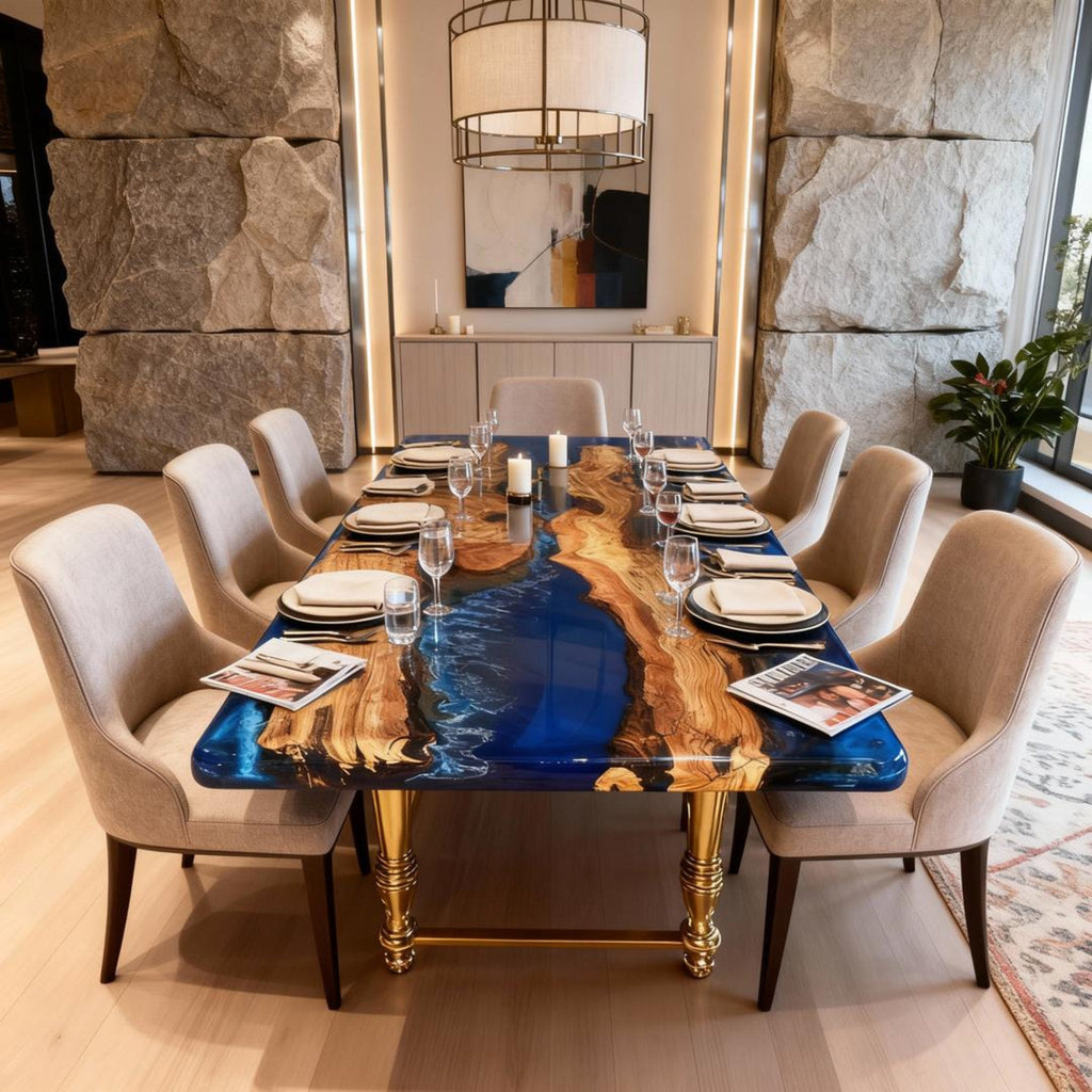 Table rivière sur mesure en bois d'olivier et résine époxy bleu saphir ZJW-742