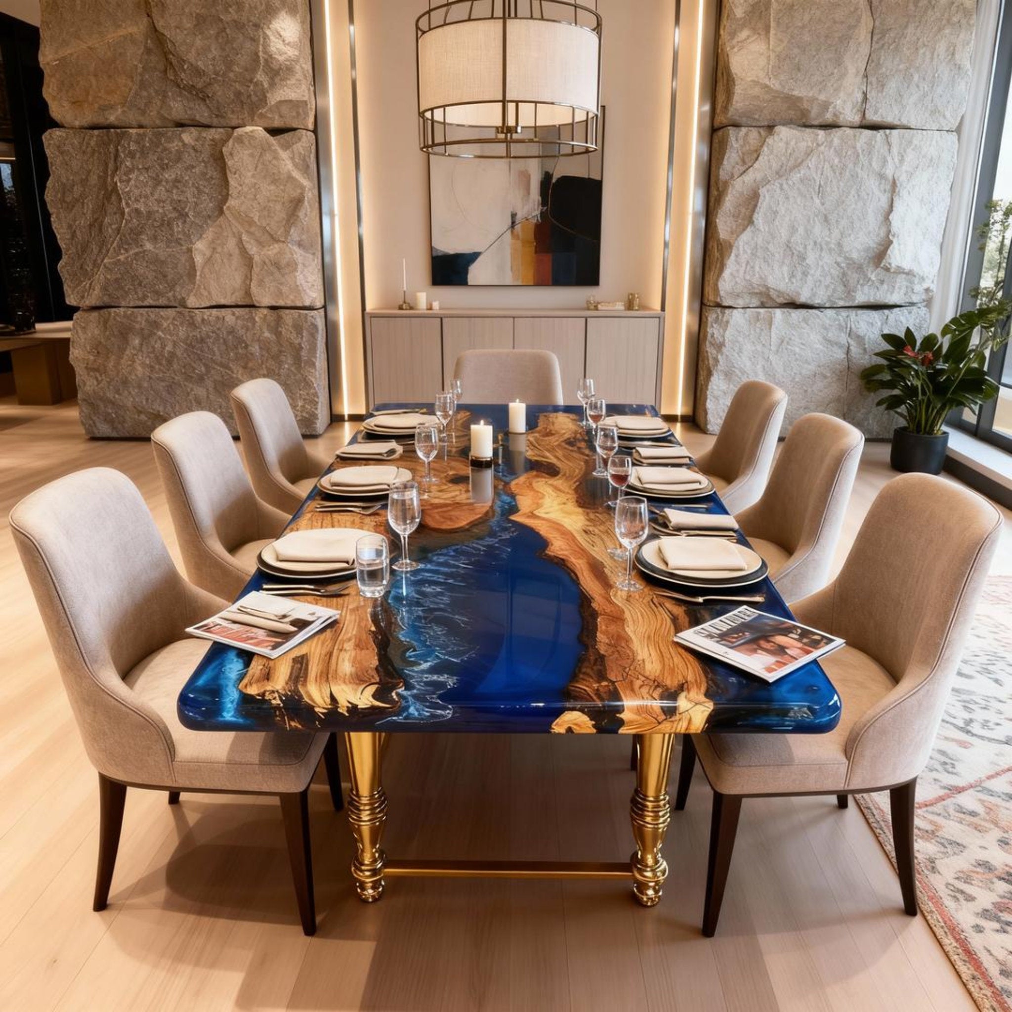 Table rivière sur mesure en bois d'olivier et résine époxy bleu saphir ZJW-742