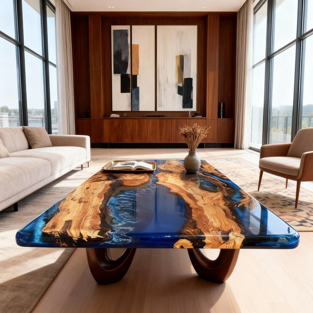 Table rivière sur mesure en bois d'olivier et résine époxy bleu saphir ZJW-742