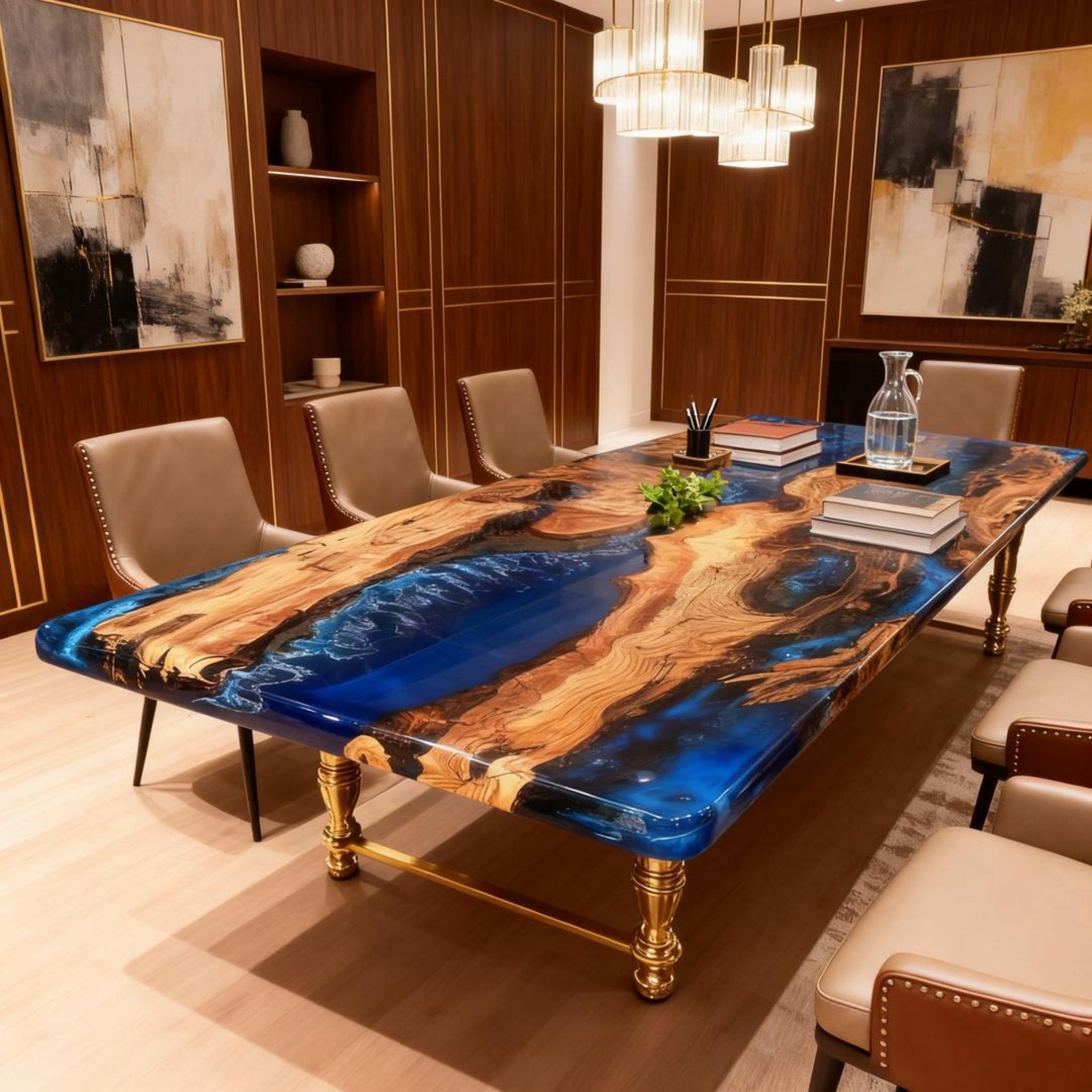 Table rivière sur mesure en bois d'olivier et résine époxy bleu saphir ZJW-742