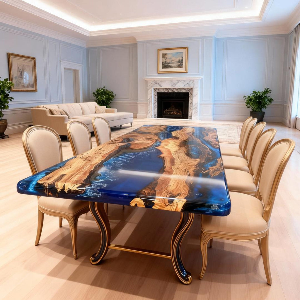 Table rivière sur mesure en bois d'olivier et résine époxy bleu saphir ZJW-742