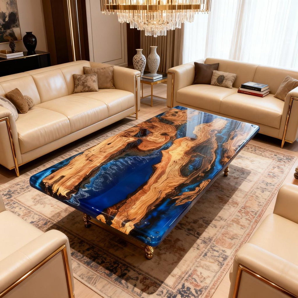 Table rivière sur mesure en bois d'olivier et résine époxy bleu saphir ZJW-742