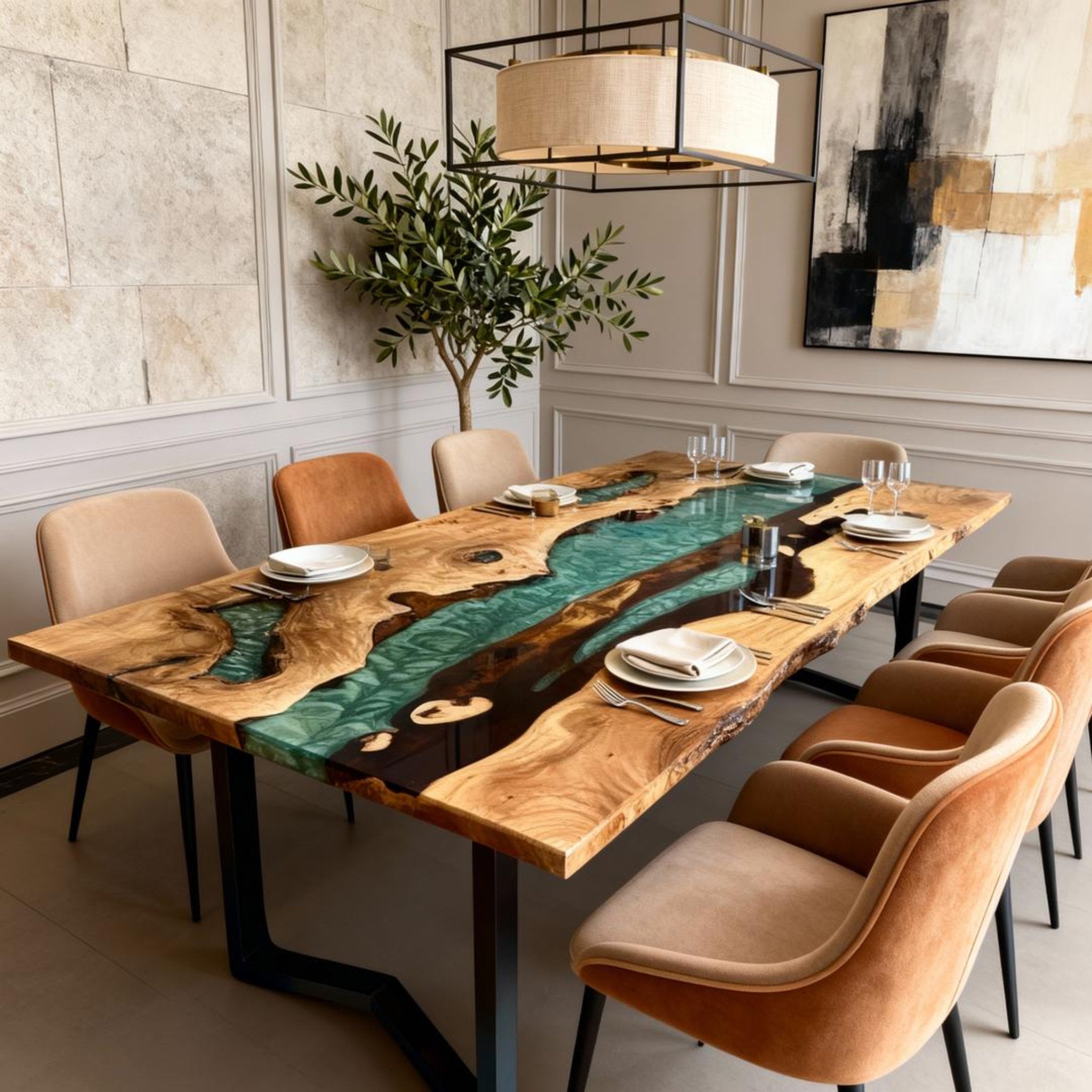 Table rivière sur mesure en bois d'olivier et résine époxy, couleur bleu sarcelle LQH-782