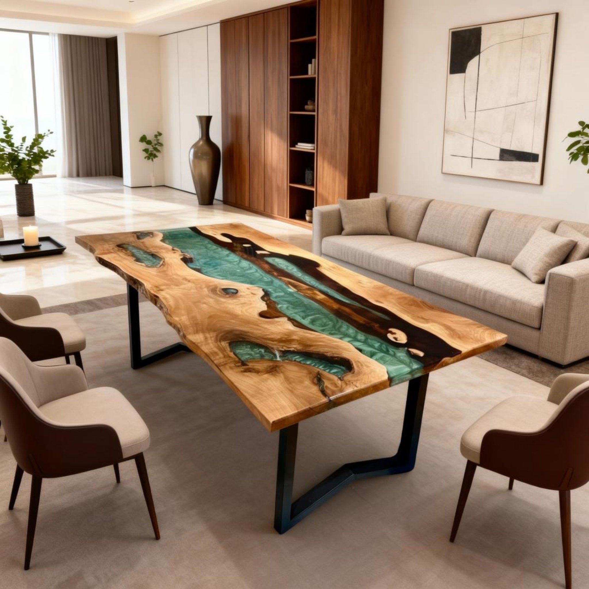 Table rivière sur mesure en bois d'olivier et résine époxy, couleur bleu sarcelle LQH-782