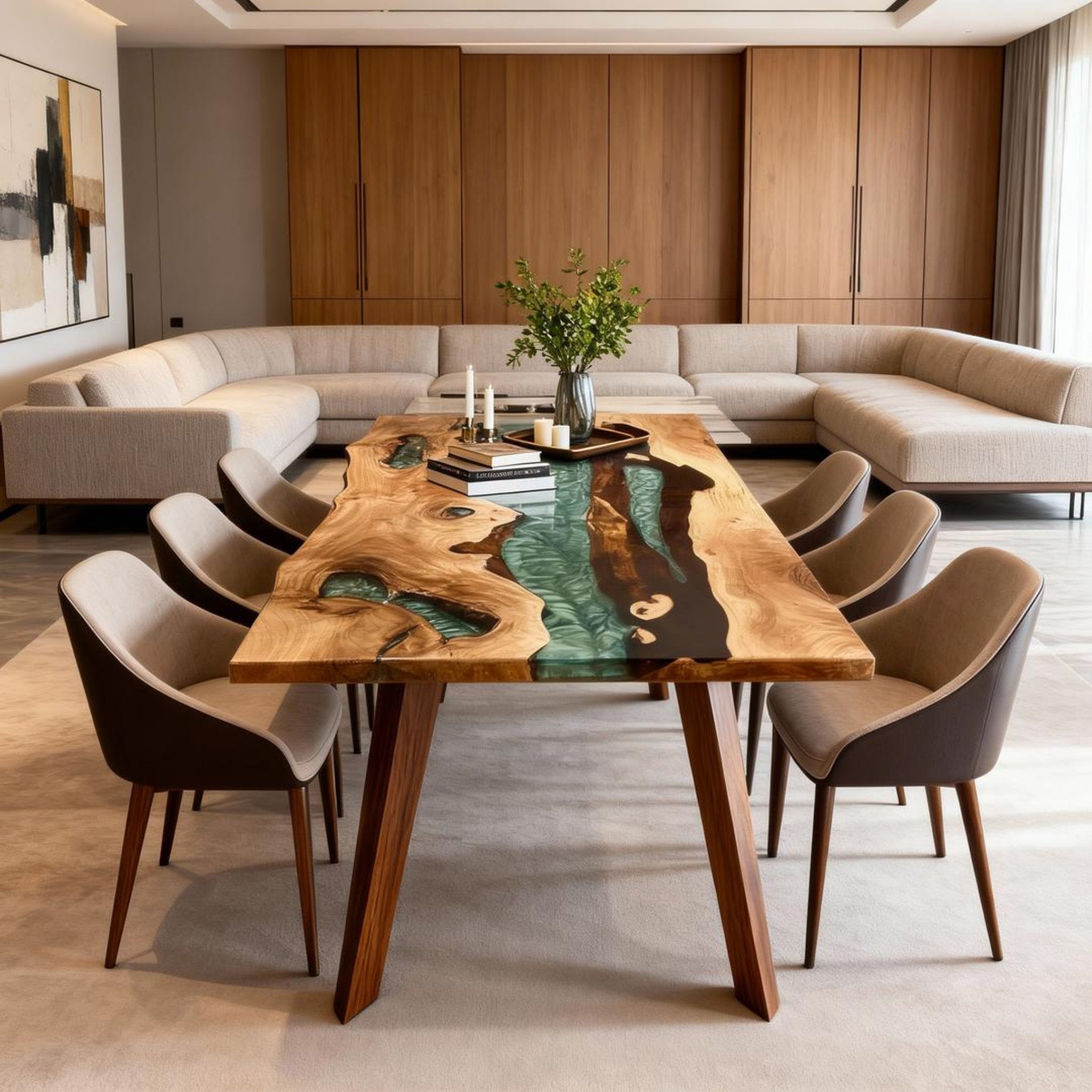 Table rivière sur mesure en bois d'olivier et résine époxy, couleur bleu sarcelle LQH-782