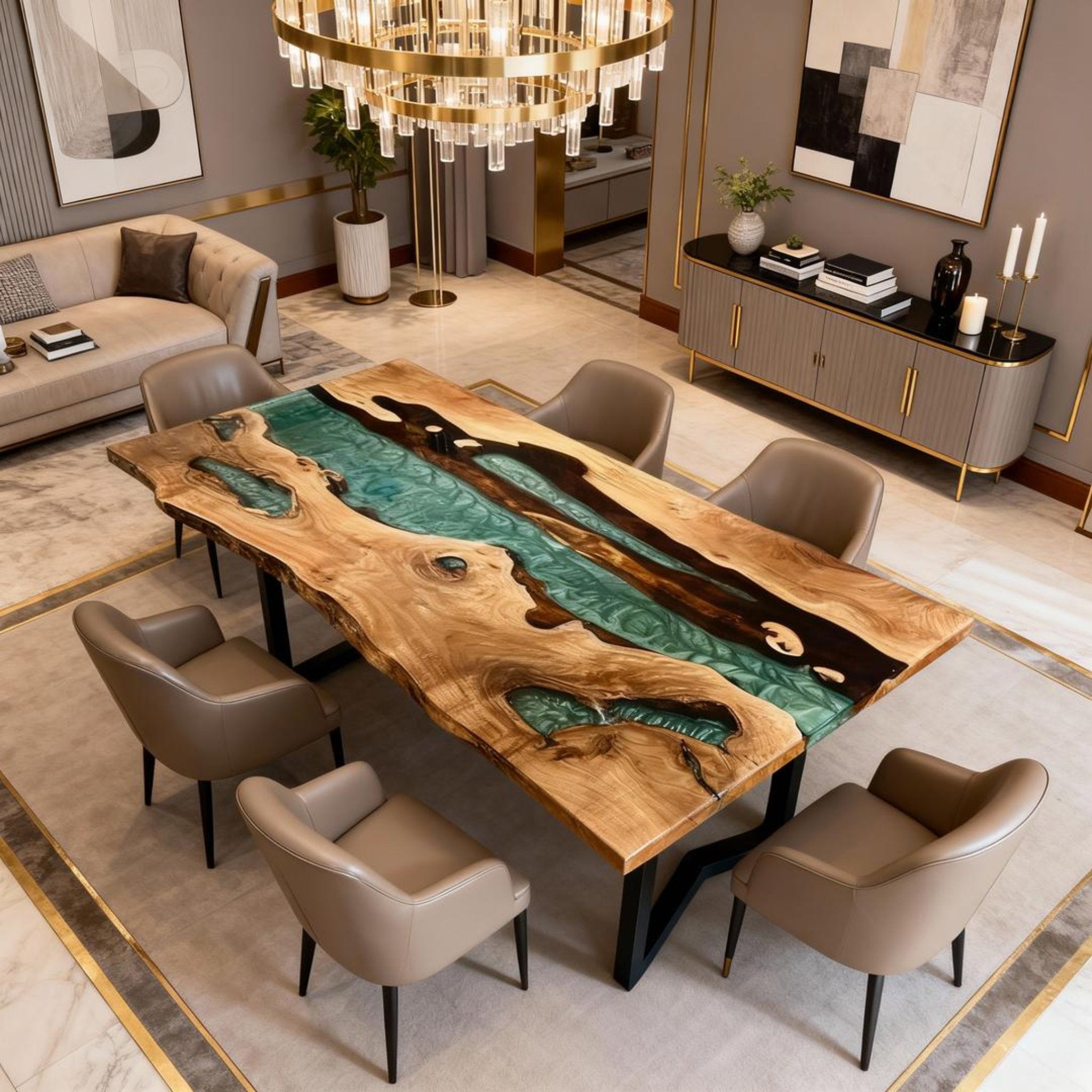 Table rivière sur mesure en bois d'olivier et résine époxy, couleur bleu sarcelle LQH-782