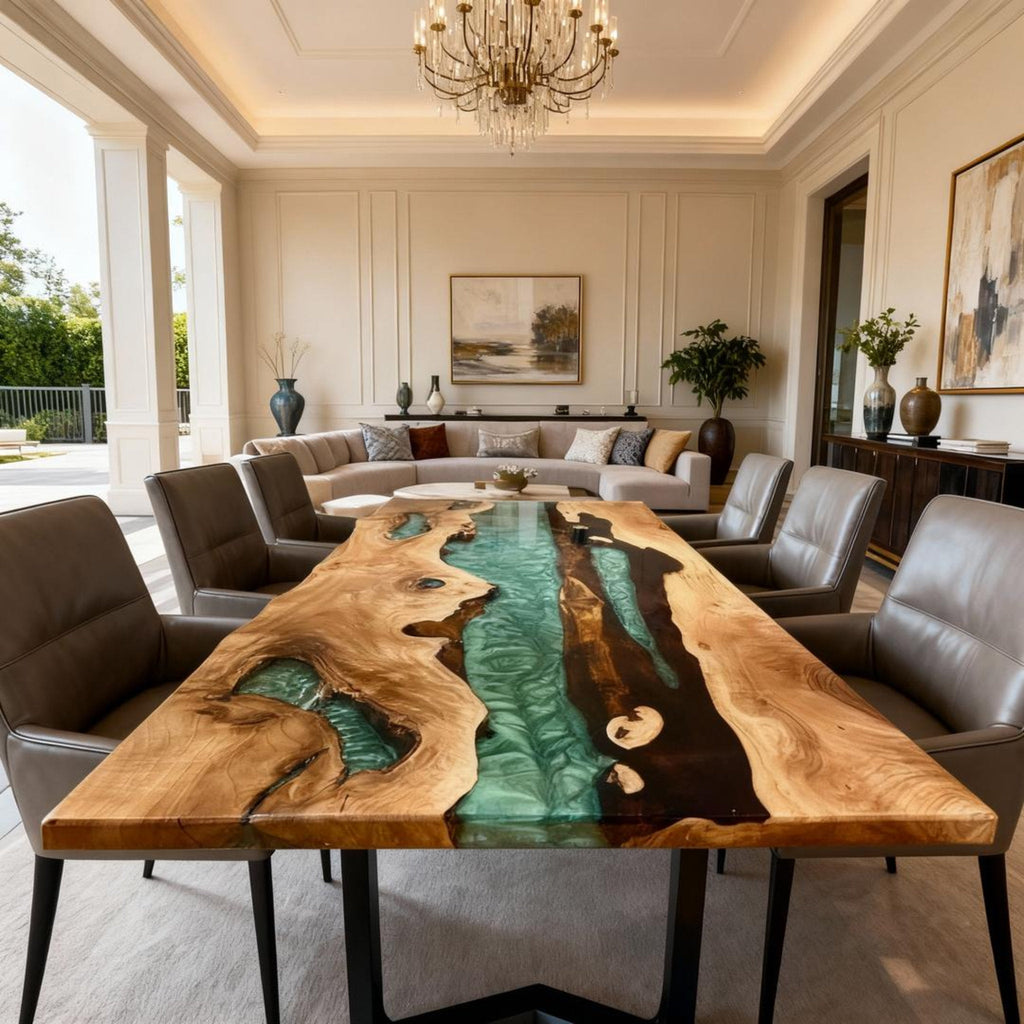 Table rivière sur mesure en bois d'olivier et résine époxy, couleur bleu sarcelle LQH-782