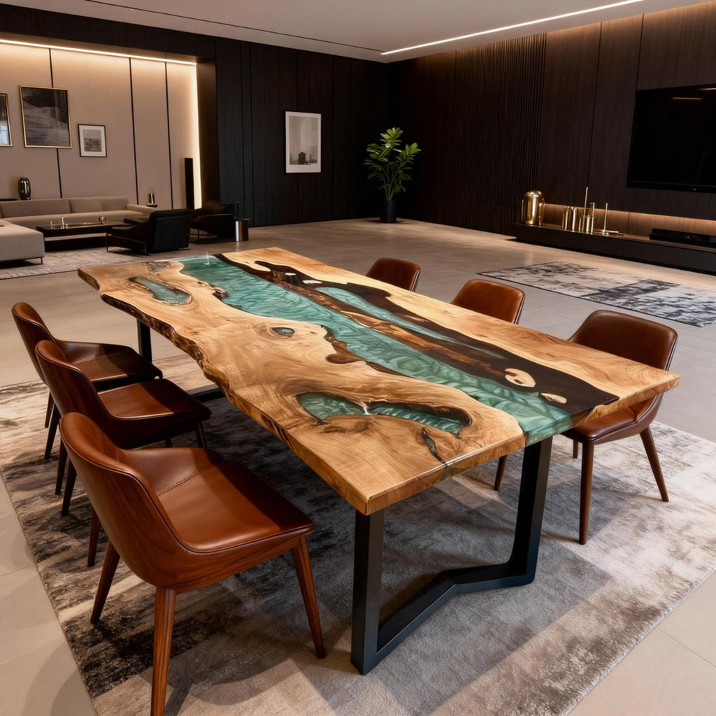 Table rivière sur mesure en bois d'olivier et résine époxy, couleur bleu sarcelle LQH-782