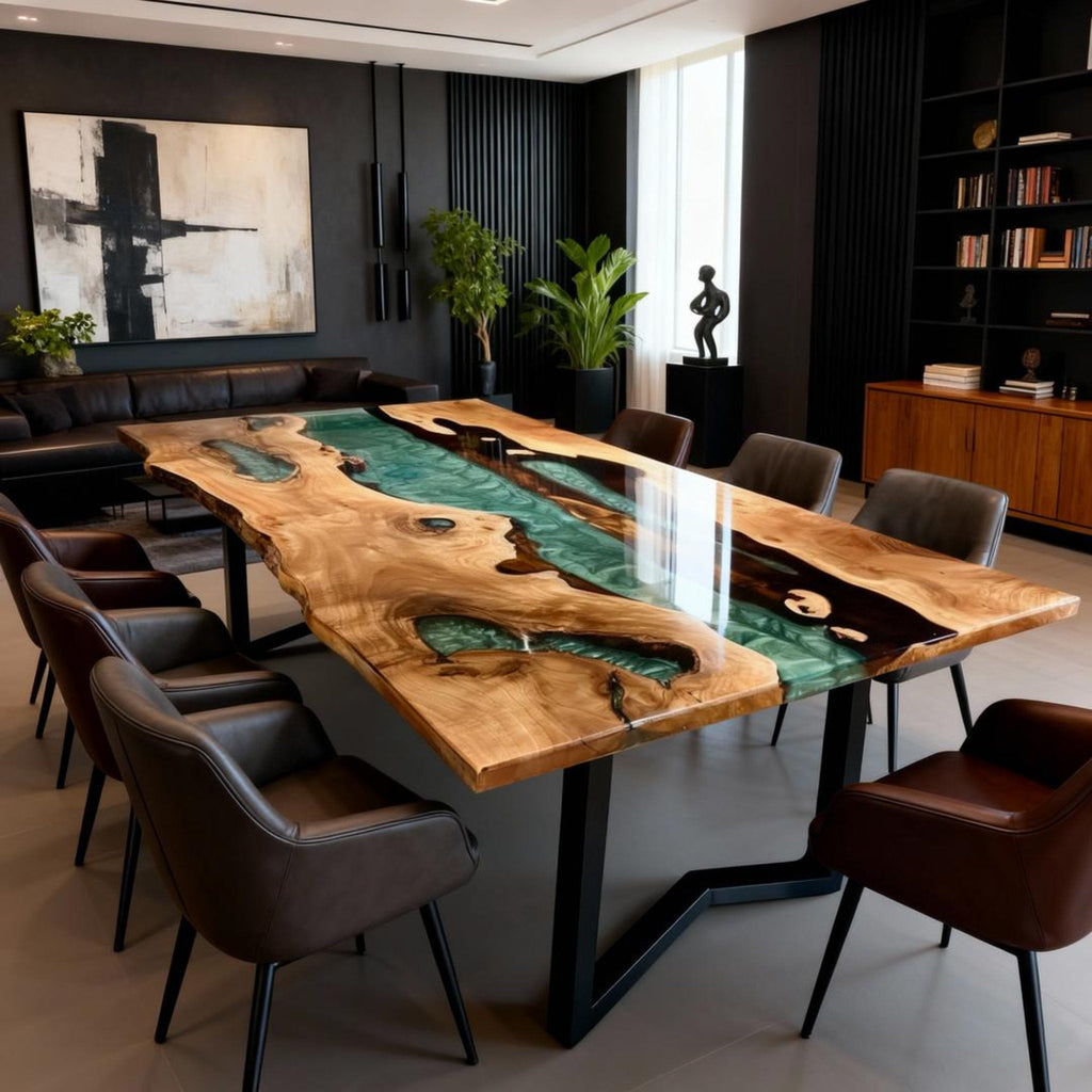 Table rivière sur mesure en bois d'olivier et résine époxy, couleur bleu sarcelle LQH-782