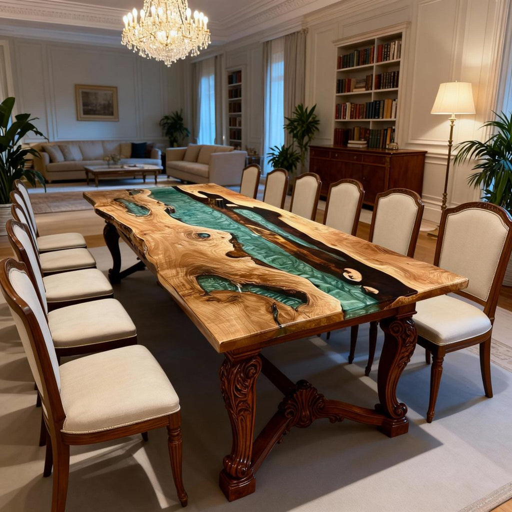 Table rivière sur mesure en bois d'olivier et résine époxy, couleur bleu sarcelle LQH-782