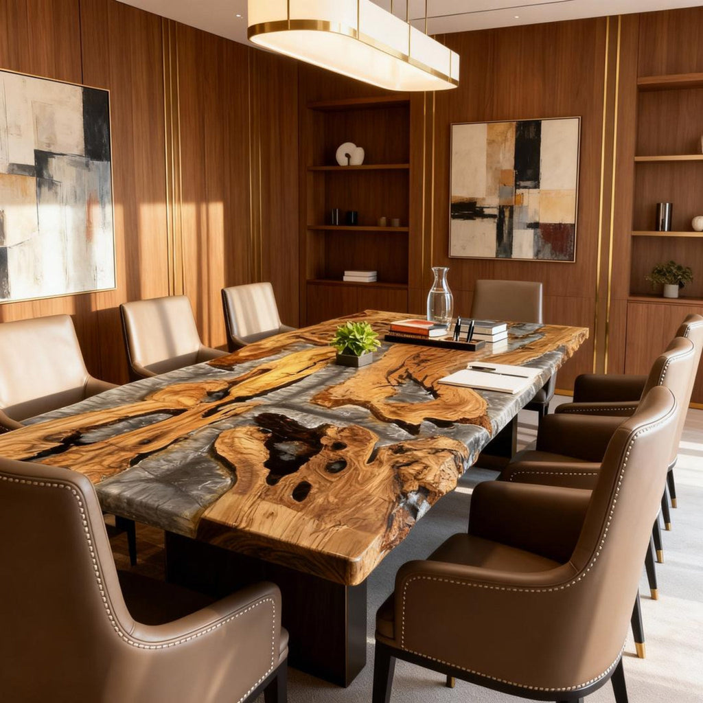 Table rivière personnalisée en résine époxy et bois d'olivier, couleur graphite fumé QZT947