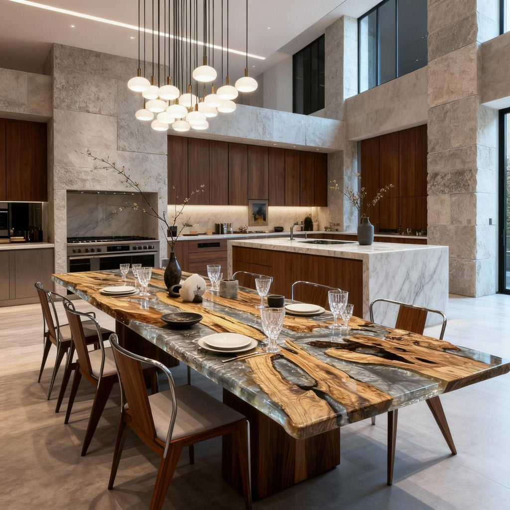 Table rivière personnalisée en résine époxy et bois d'olivier, couleur graphite fumé QZT947