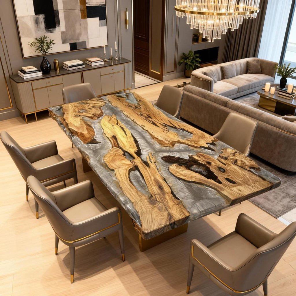 Table rivière personnalisée en résine époxy et bois d'olivier, couleur graphite fumé QZT947