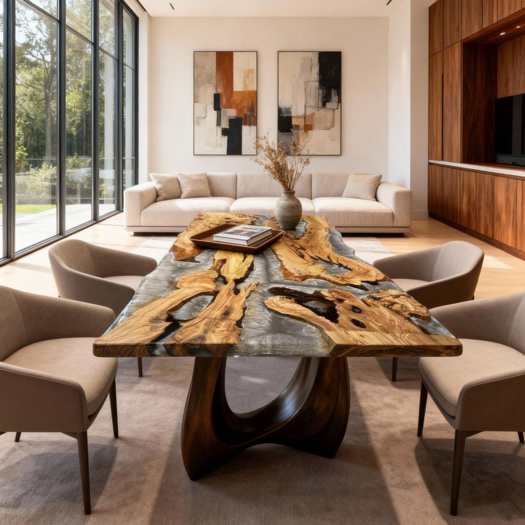 Table rivière personnalisée en résine époxy et bois d'olivier, couleur graphite fumé QZT947