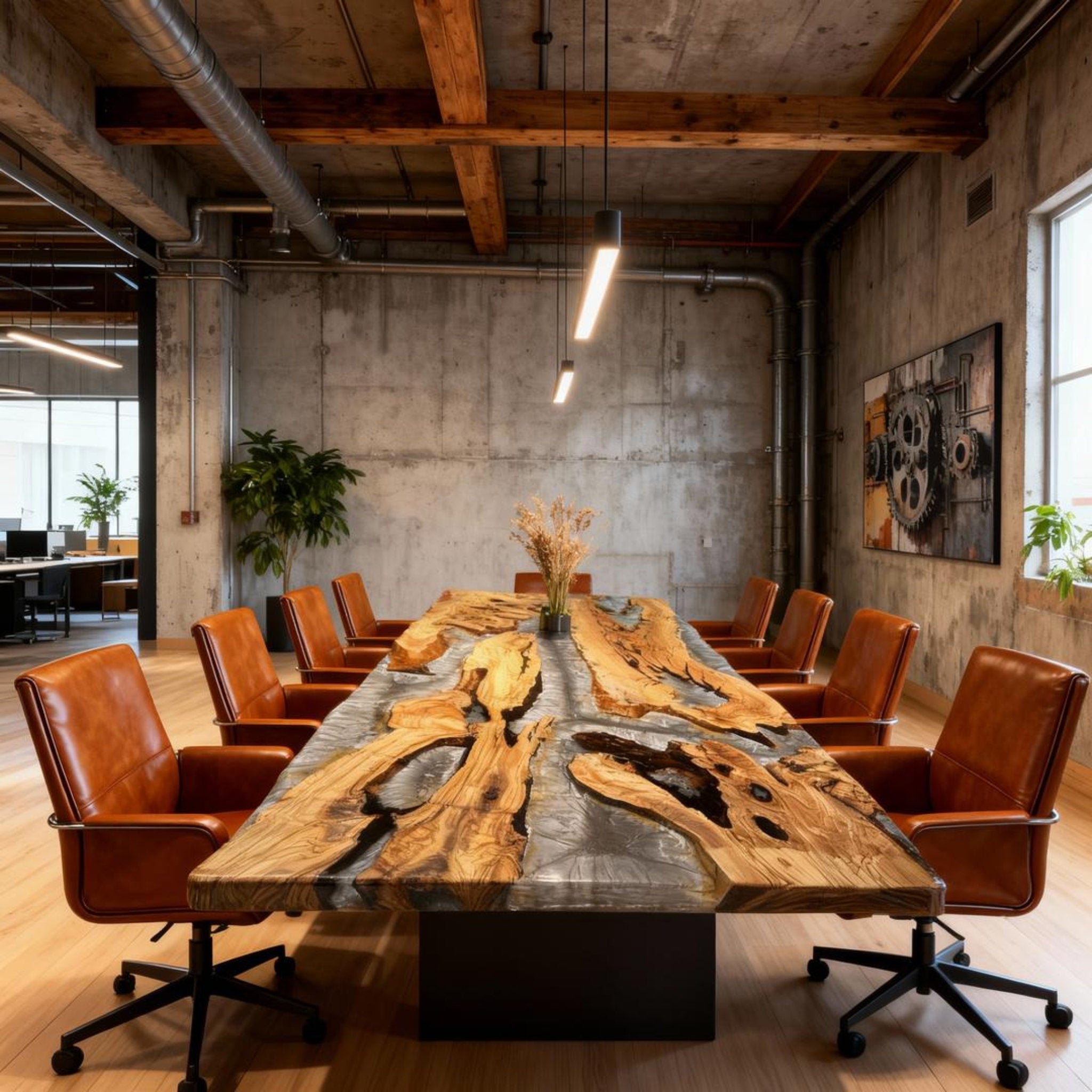 Table rivière personnalisée en résine époxy et bois d'olivier, couleur graphite fumé QZT947