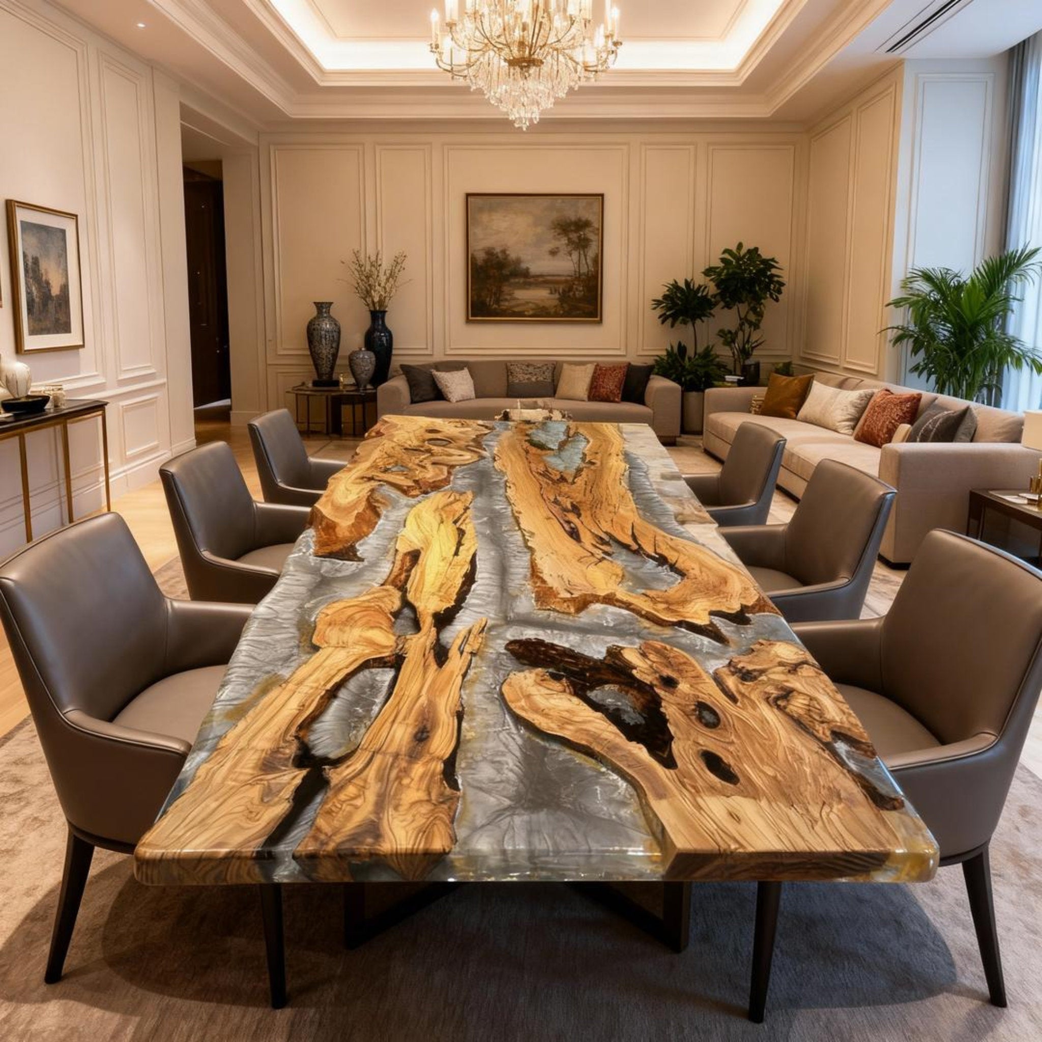 Table rivière personnalisée en résine époxy et bois d'olivier, couleur graphite fumé QZT947