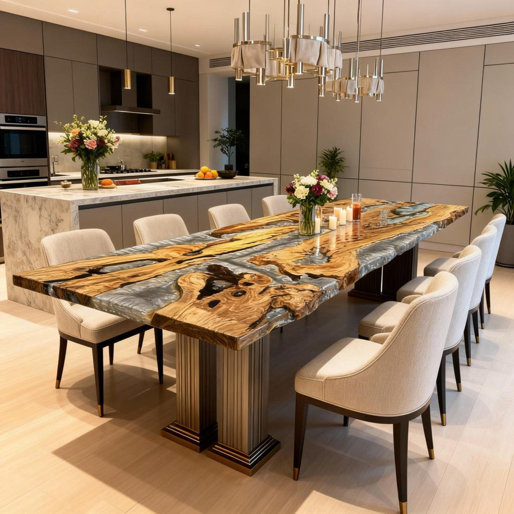 Table rivière personnalisée en résine époxy et bois d'olivier, couleur graphite fumé QZT947