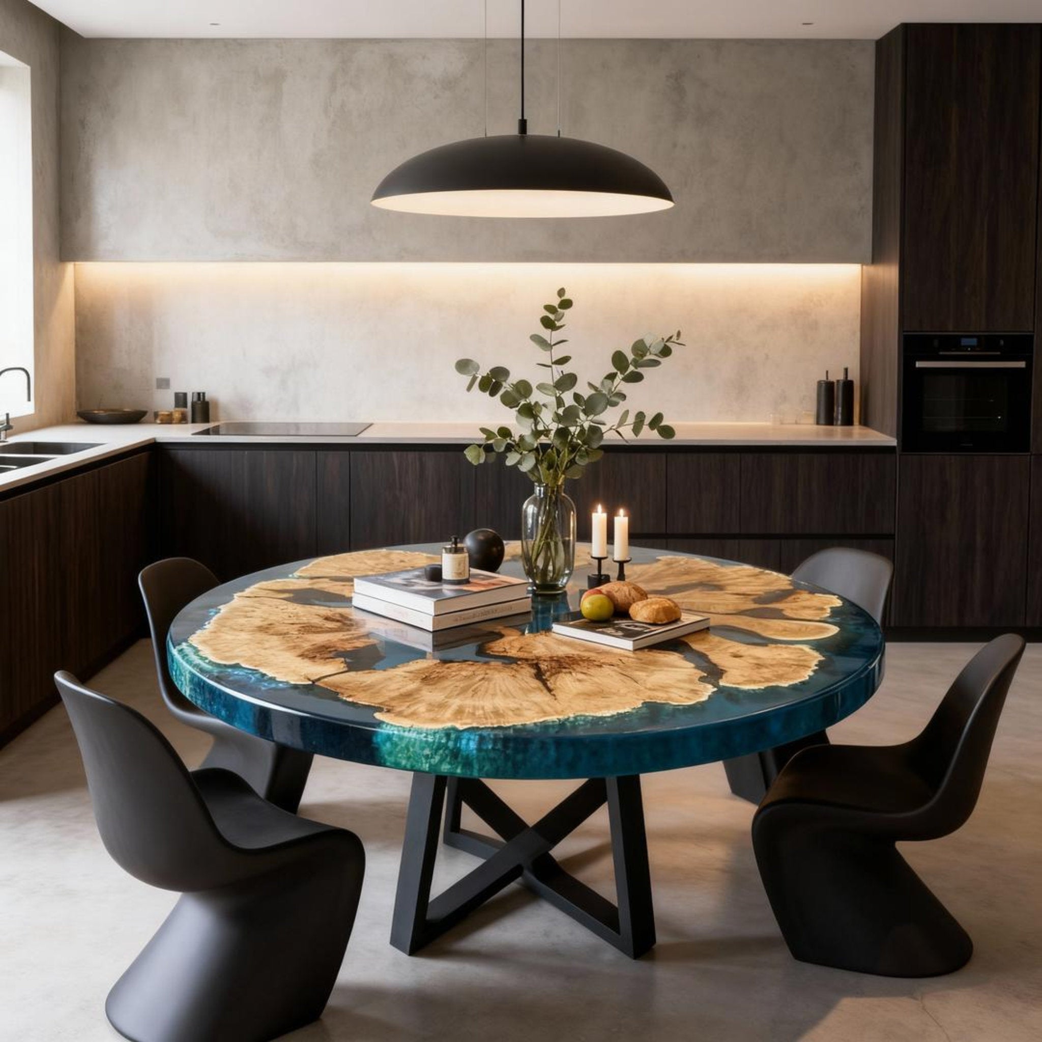 Table rivière sur mesure en bois d'olivier et résine époxy, coloris turquoise à céruléen, référence NXJ-482