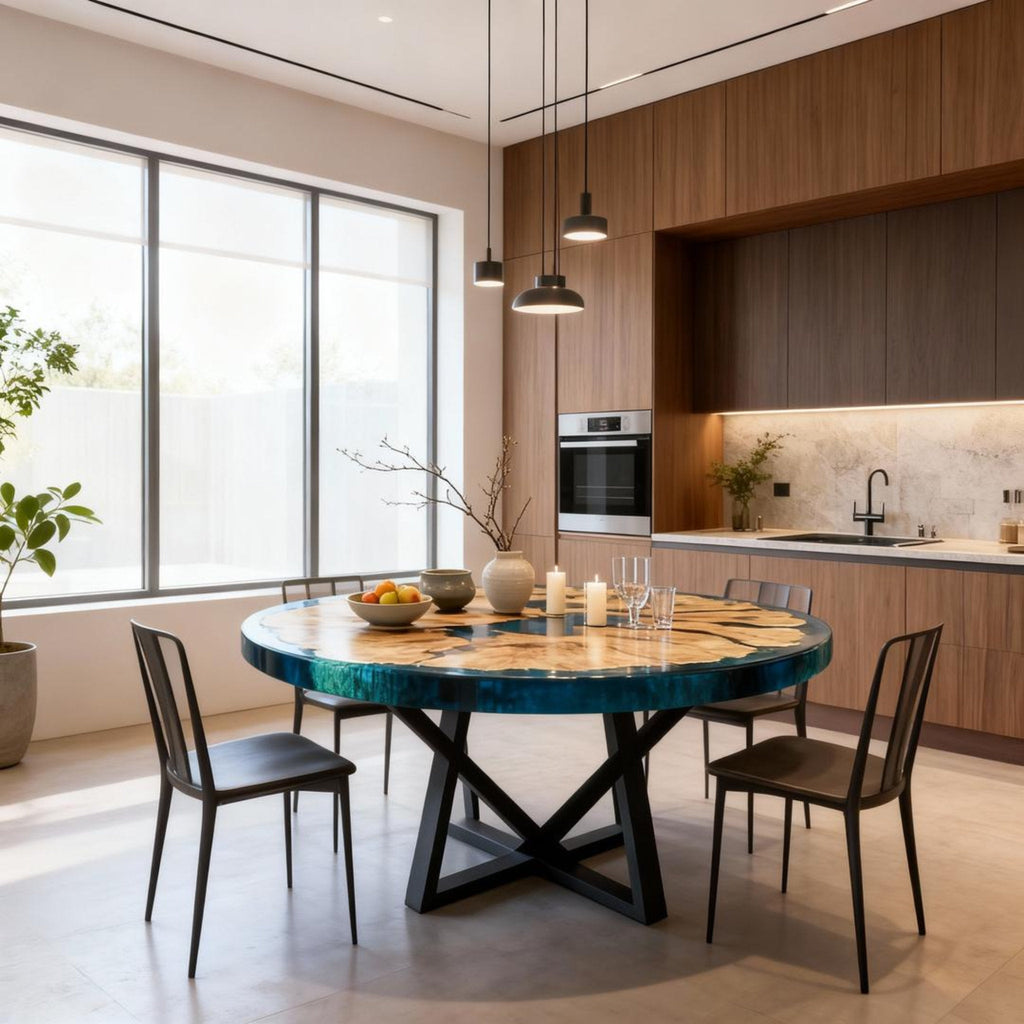 Table rivière sur mesure en bois d'olivier et résine époxy, coloris turquoise à céruléen, référence NXJ-482