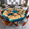 Table rivière sur mesure en bois d'olivier et résine époxy, coloris turquoise à céruléen, référence NXJ-482