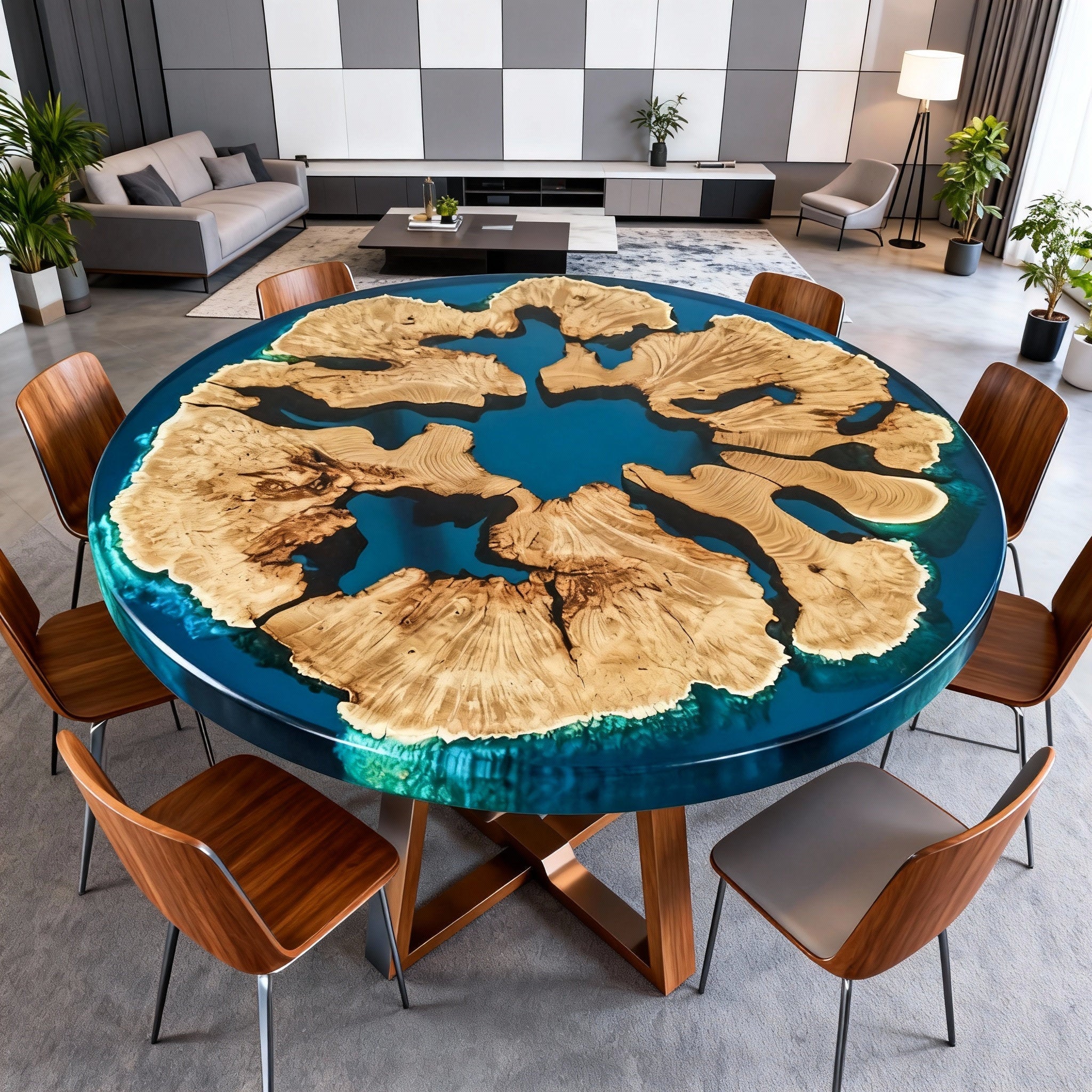 Table rivière sur mesure en bois d'olivier et résine époxy, coloris turquoise à céruléen, référence NXJ-482