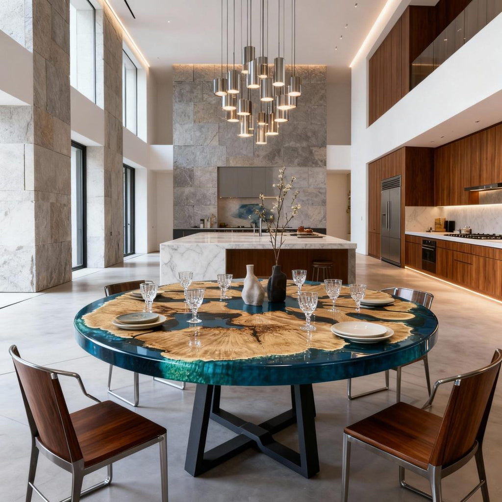 Table rivière sur mesure en bois d'olivier et résine époxy, coloris turquoise à céruléen, référence NXJ-482