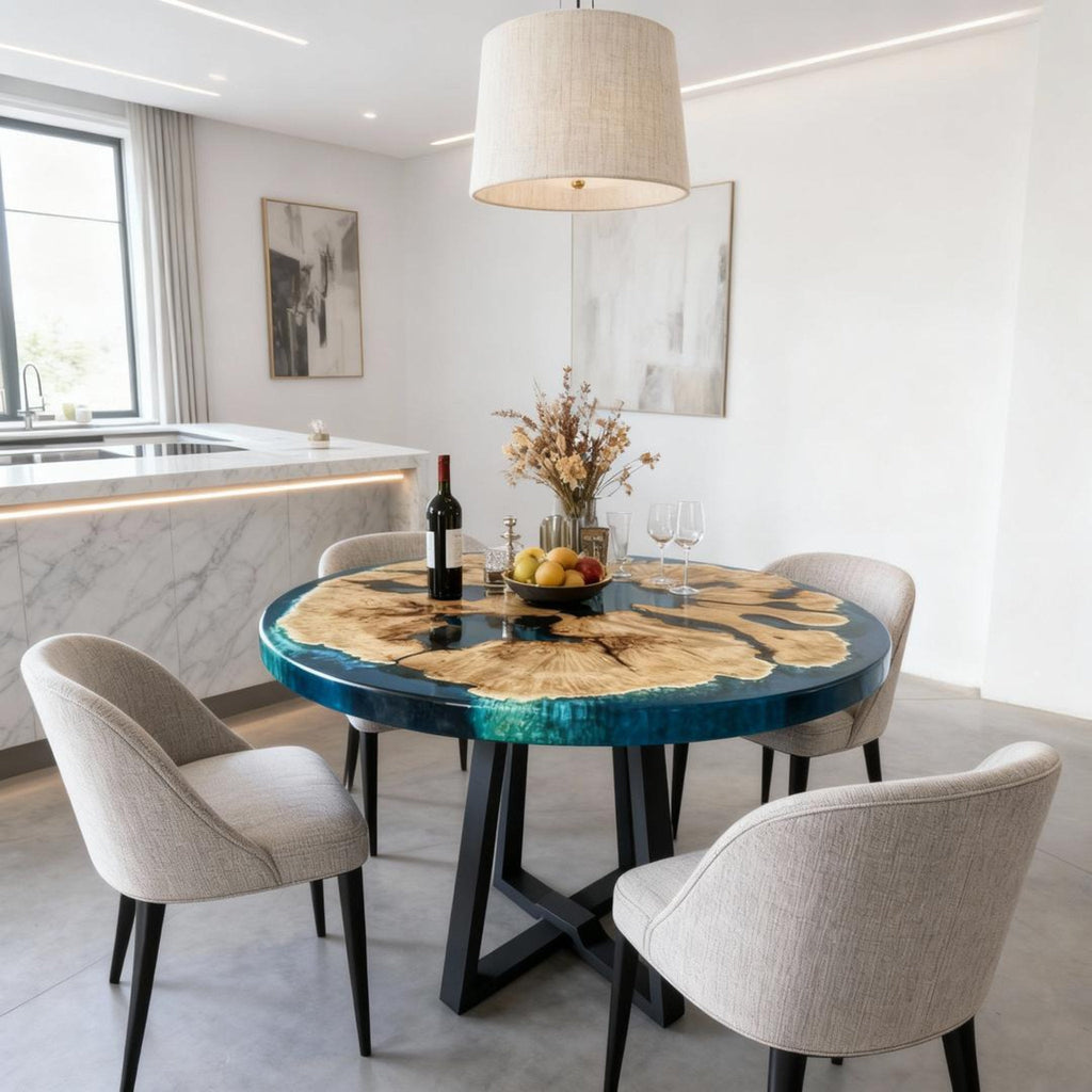 Table rivière sur mesure en bois d'olivier et résine époxy, coloris turquoise à céruléen, référence NXJ-482