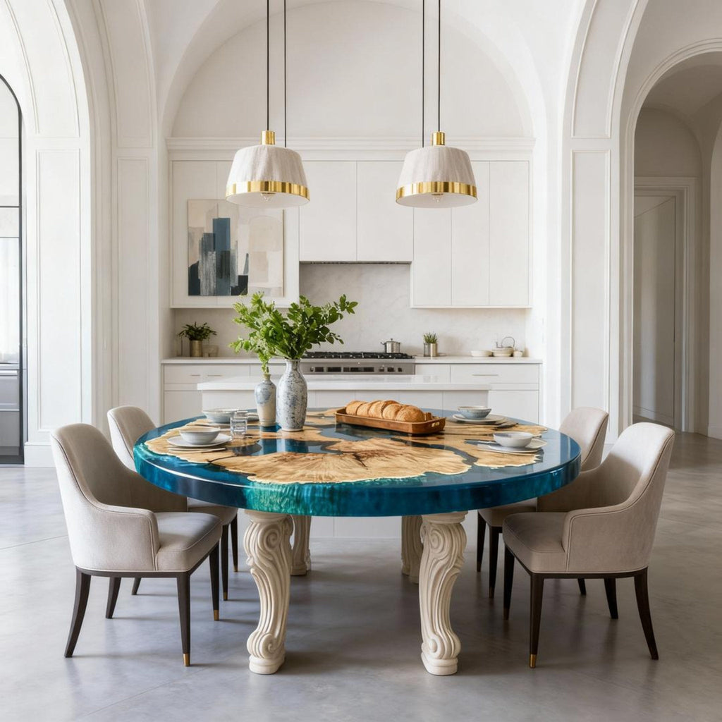 Table rivière sur mesure en bois d'olivier et résine époxy, coloris turquoise à céruléen, référence NXJ-482