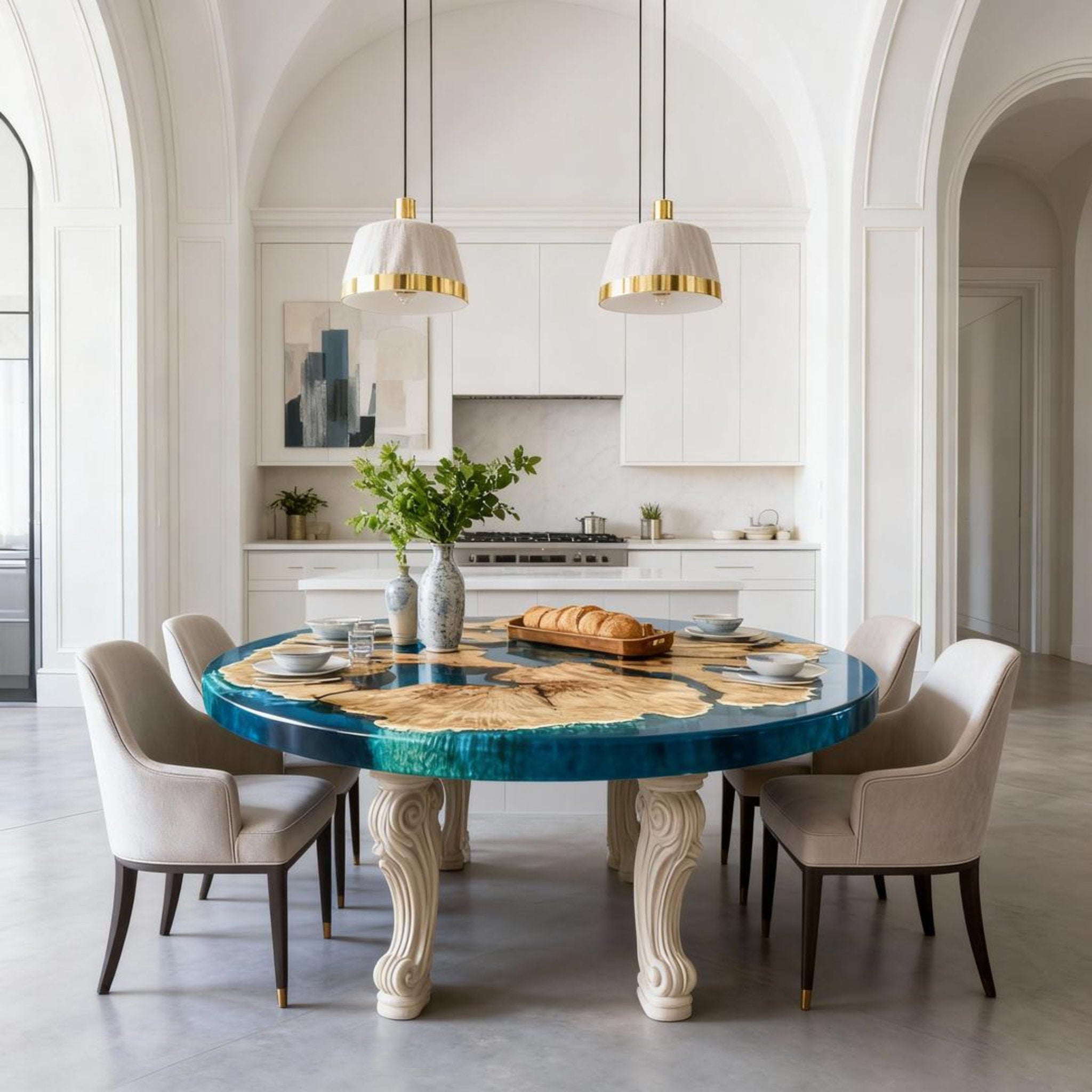 Table rivière sur mesure en bois d'olivier et résine époxy, coloris turquoise à céruléen, référence NXJ-482