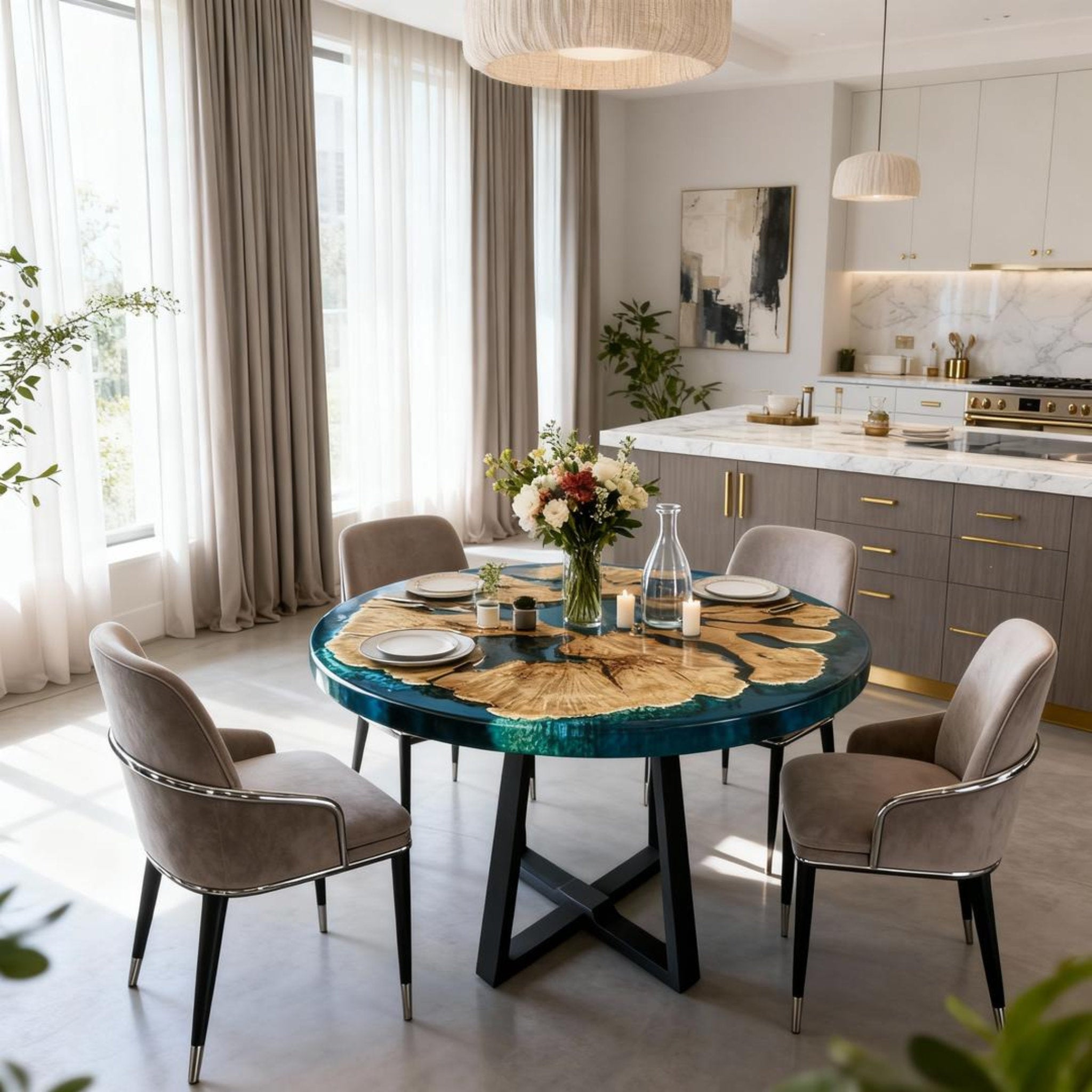 Table rivière sur mesure en bois d'olivier et résine époxy, coloris turquoise à céruléen, référence NXJ-482