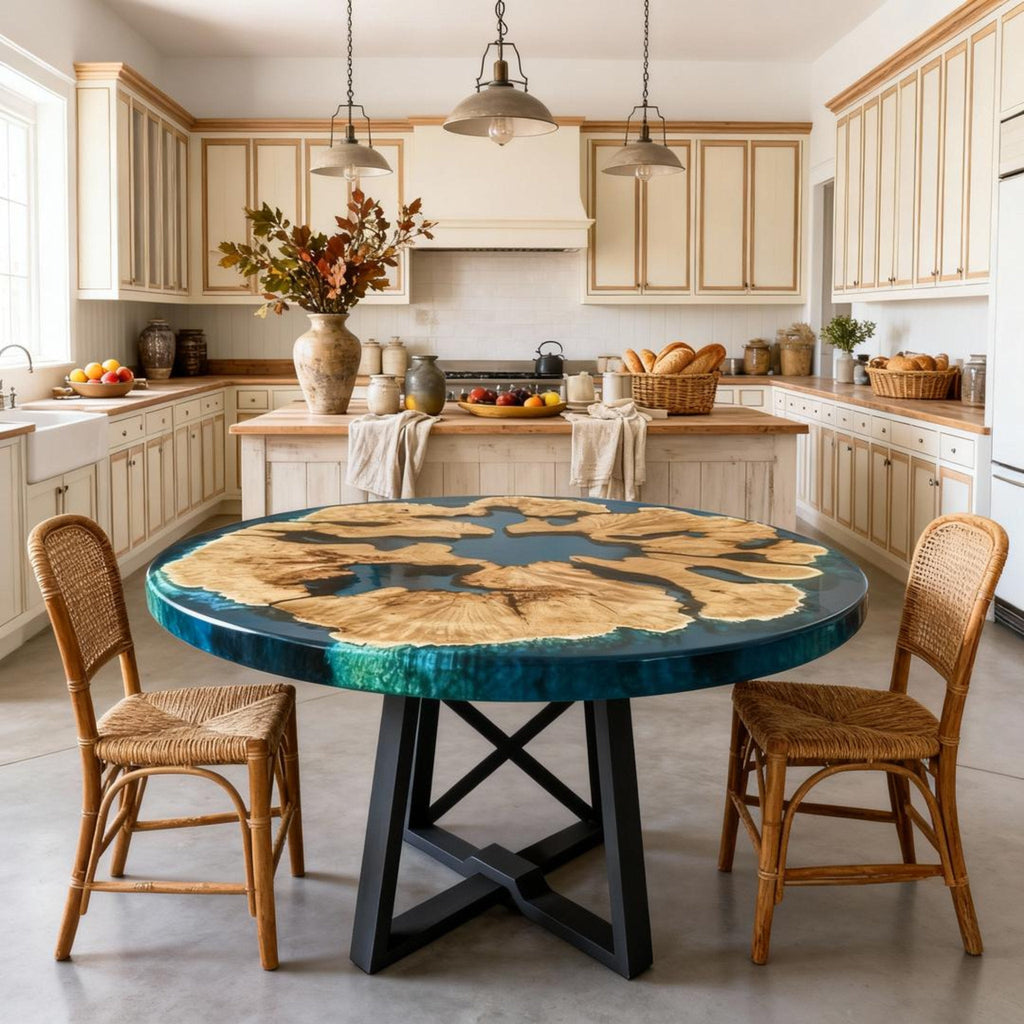 Table rivière sur mesure en bois d'olivier et résine époxy, coloris turquoise à céruléen, référence NXJ-482