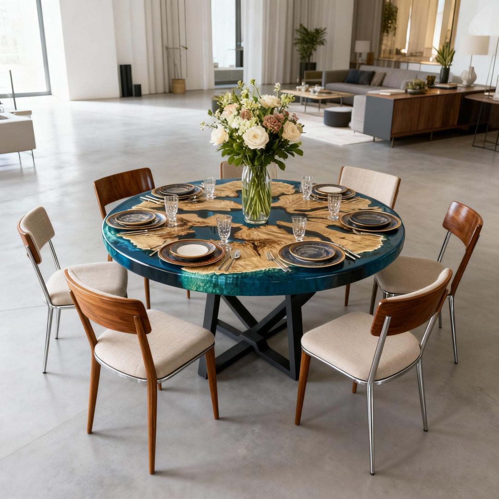 Table rivière sur mesure en bois d'olivier et résine époxy, coloris turquoise à céruléen, référence NXJ-482