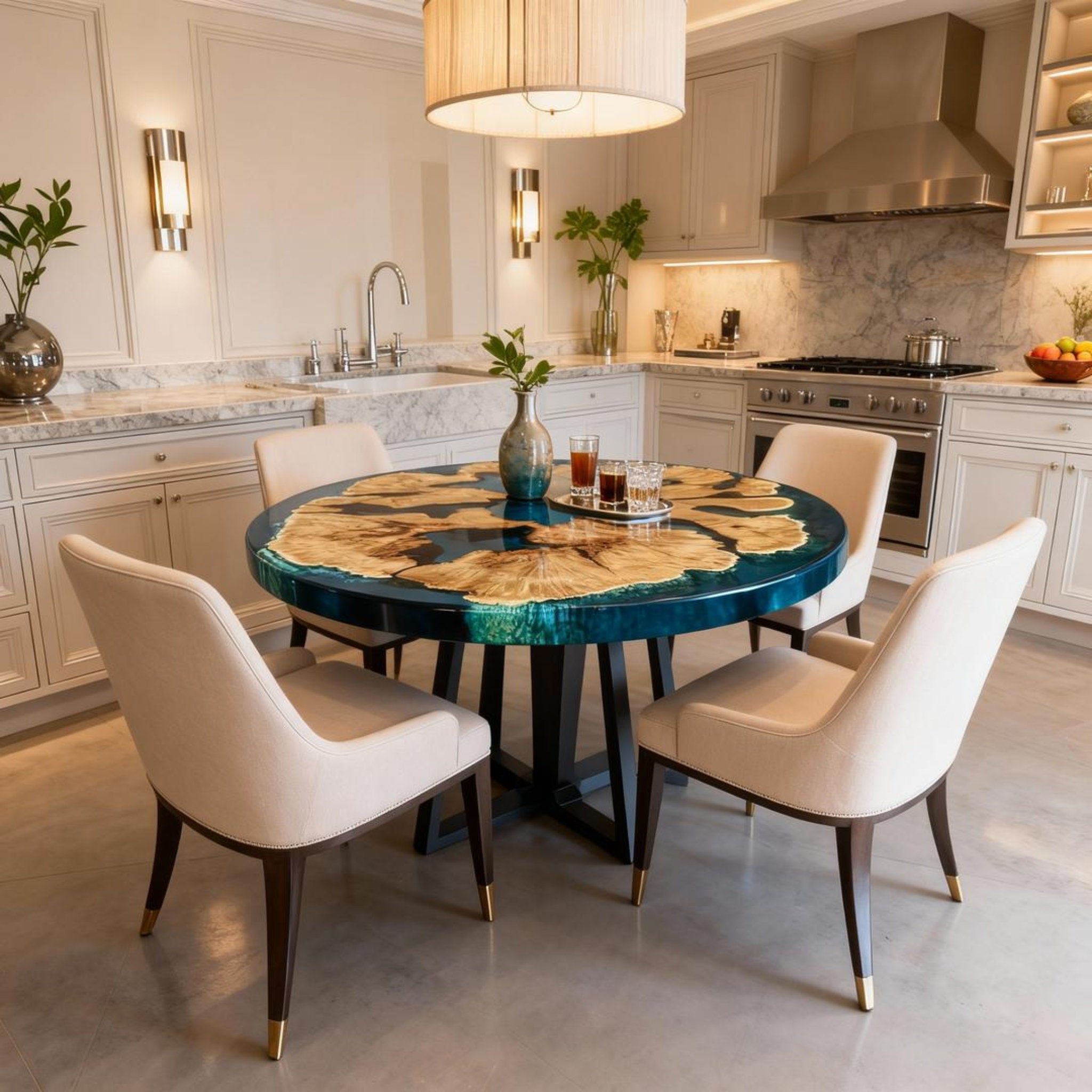 Table rivière sur mesure en bois d'olivier et résine époxy, coloris turquoise à céruléen, référence NXJ-482