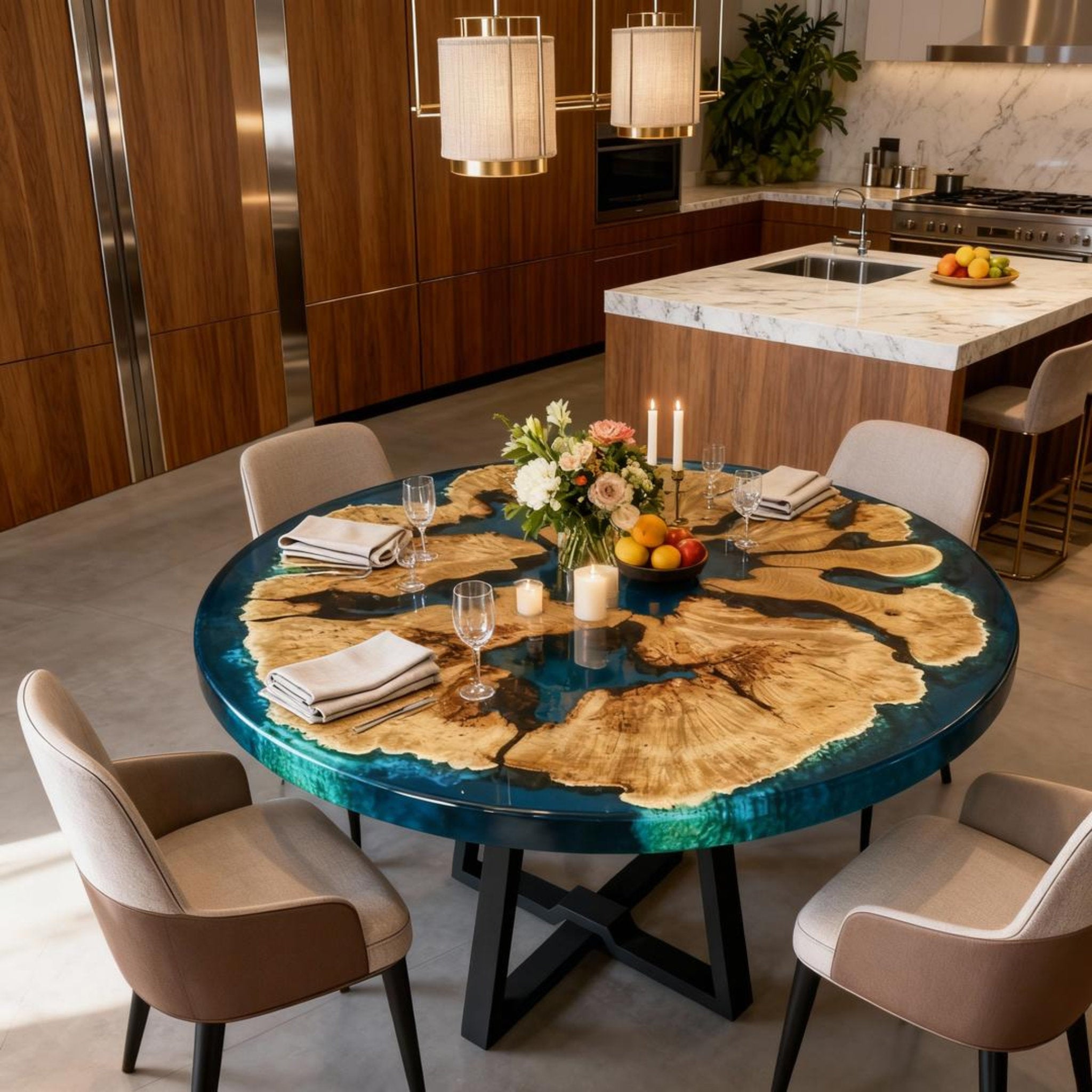 Table rivière sur mesure en bois d'olivier et résine époxy, coloris turquoise à céruléen, référence NXJ-482