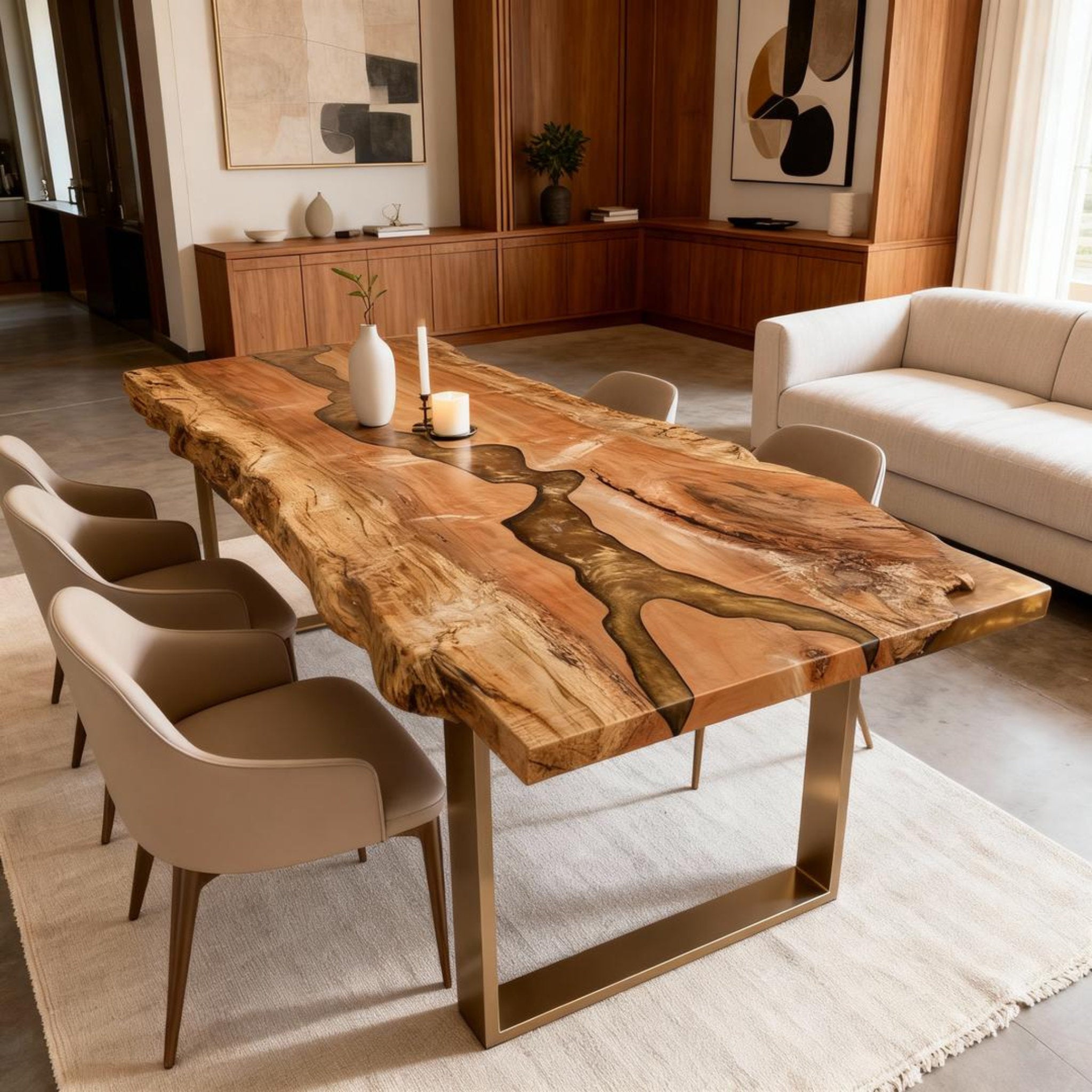 Table rivière sur mesure en bois de peuplier et résine époxy, couleur ambre doré QPV-684