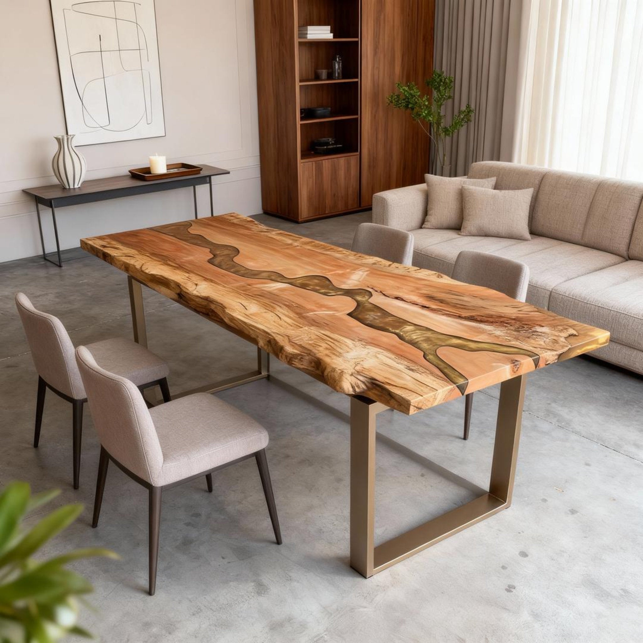 Table rivière sur mesure en bois de peuplier et résine époxy, couleur ambre doré QPV-684