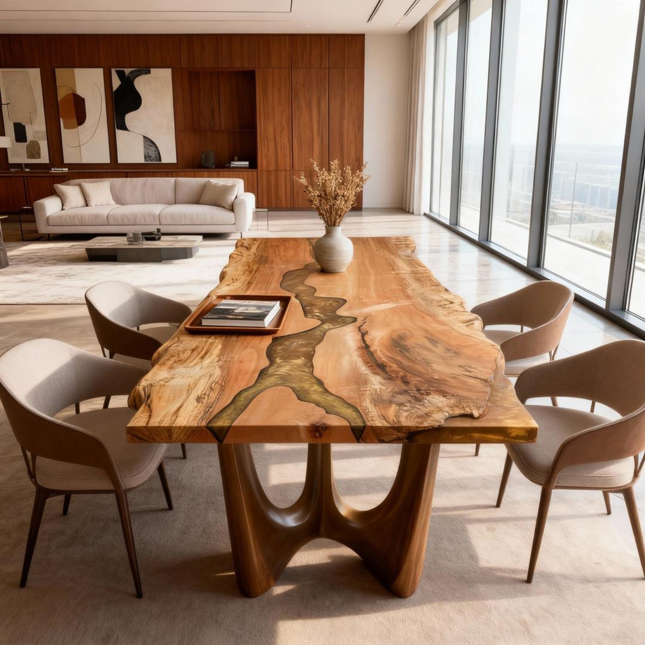 Table rivière sur mesure en bois de peuplier et résine époxy, couleur ambre doré QPV-684