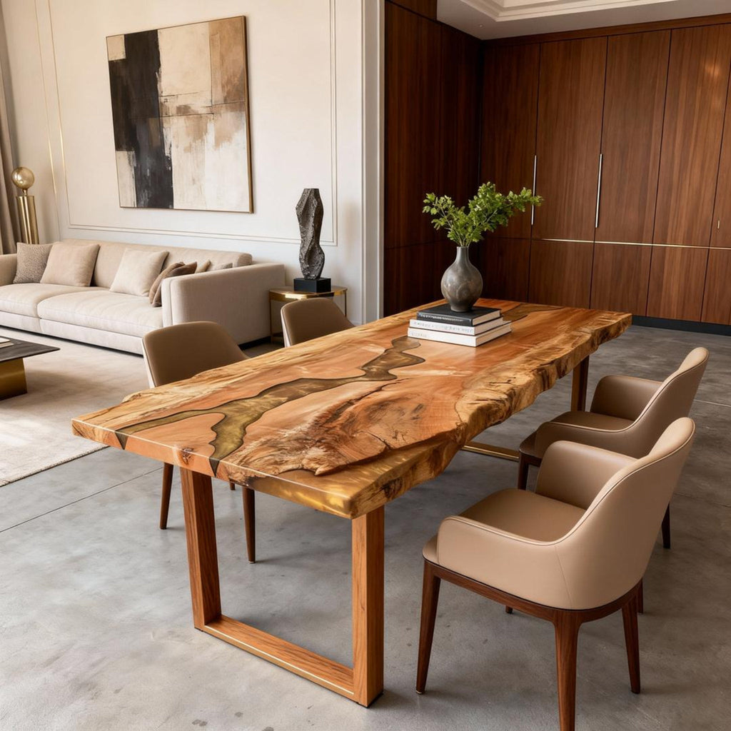 Table rivière sur mesure en bois de peuplier et résine époxy, couleur ambre doré QPV-684