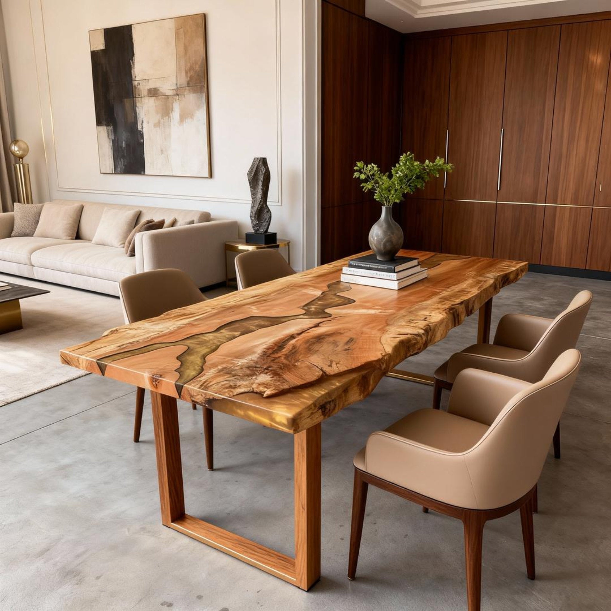 Table rivière sur mesure en bois de peuplier et résine époxy, couleur ambre doré QPV-684