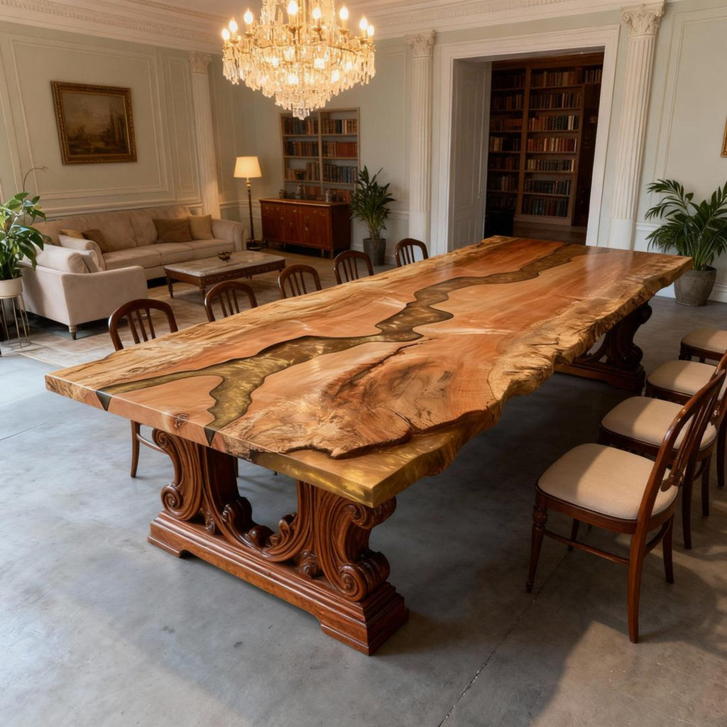 Table rivière sur mesure en bois de peuplier et résine époxy, couleur ambre doré QPV-684