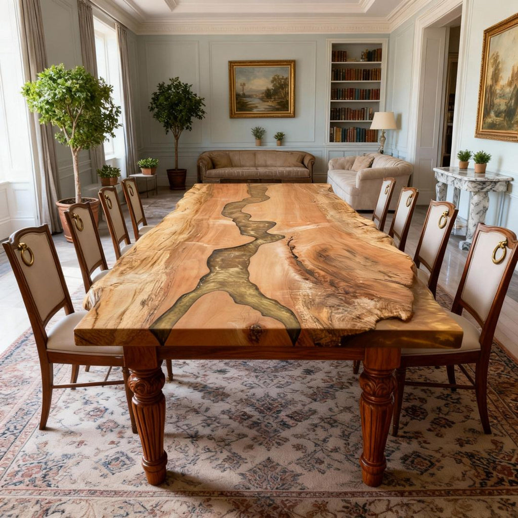 Table rivière sur mesure en bois de peuplier et résine époxy, couleur ambre doré QPV-684