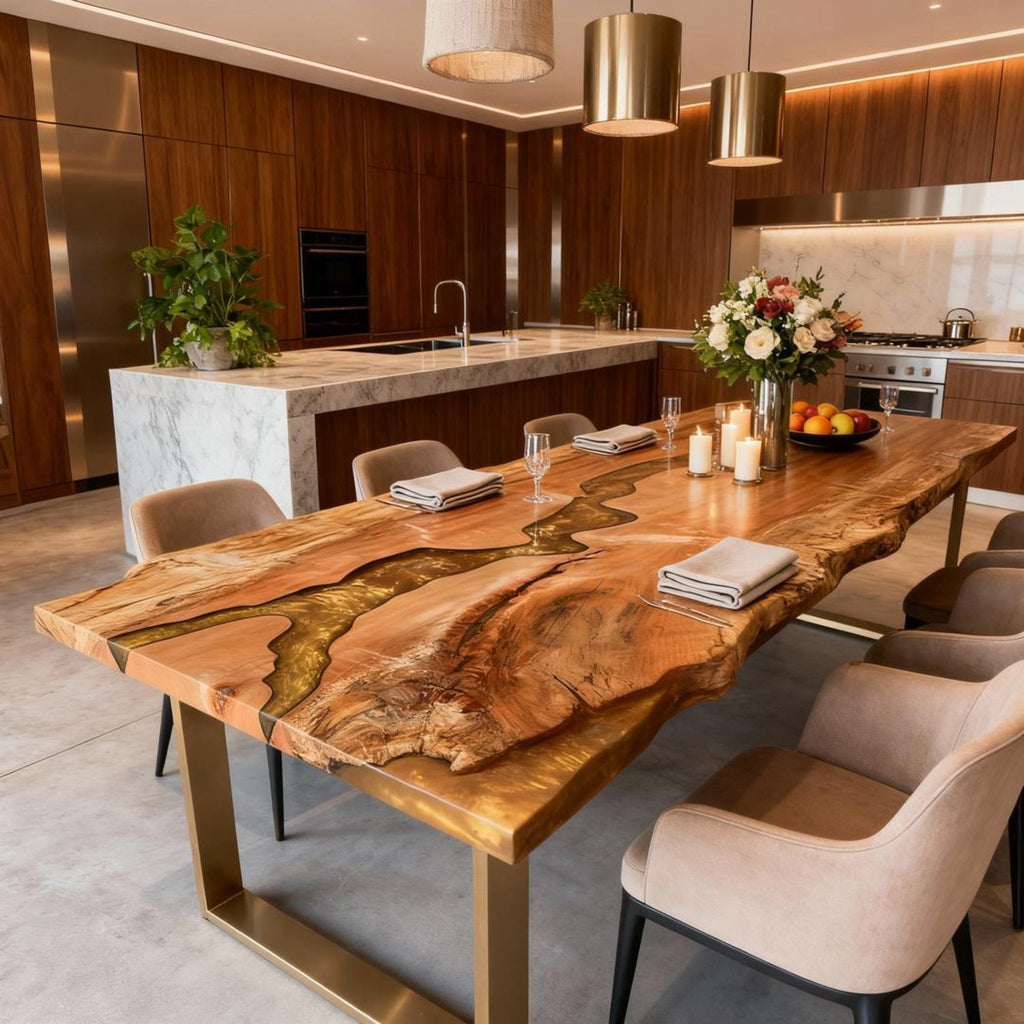 Table rivière sur mesure en bois de peuplier et résine époxy, couleur ambre doré QPV-684