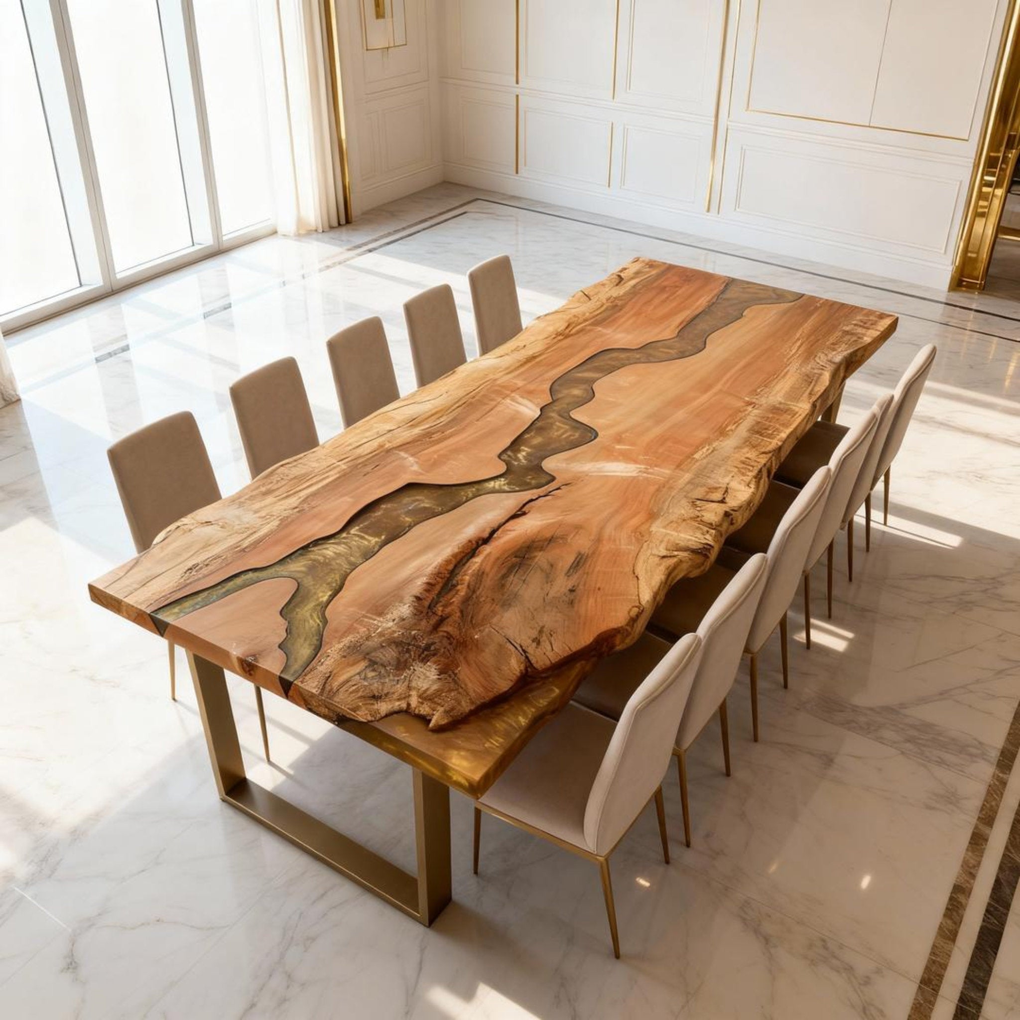 Table rivière sur mesure en bois de peuplier et résine époxy, couleur ambre doré QPV-684