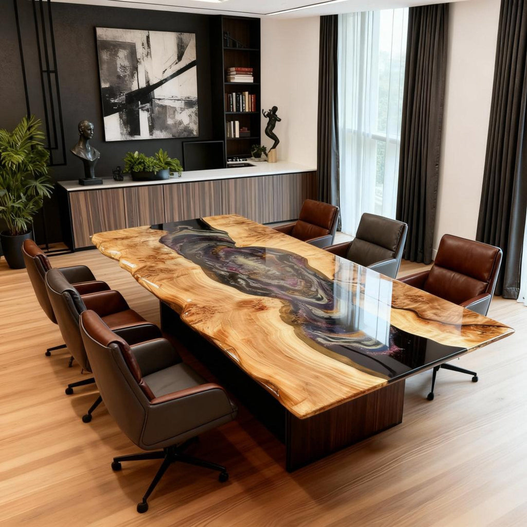 Table rivière sur mesure en bois de peuplier et résine époxy, Black Pearl QNT-482