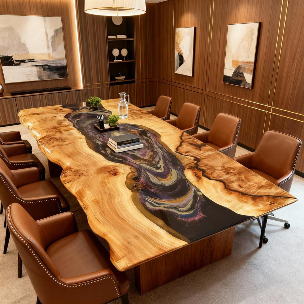 Table rivière sur mesure en bois de peuplier et résine époxy, Black Pearl QNT-482