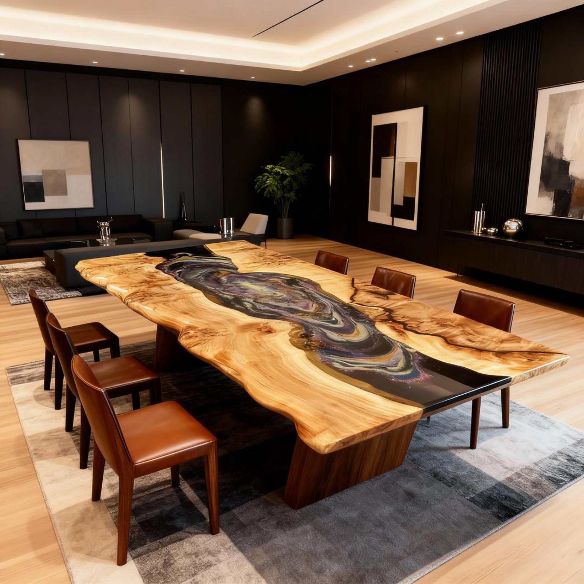 Table rivière sur mesure en bois de peuplier et résine époxy, Black Pearl QNT-482