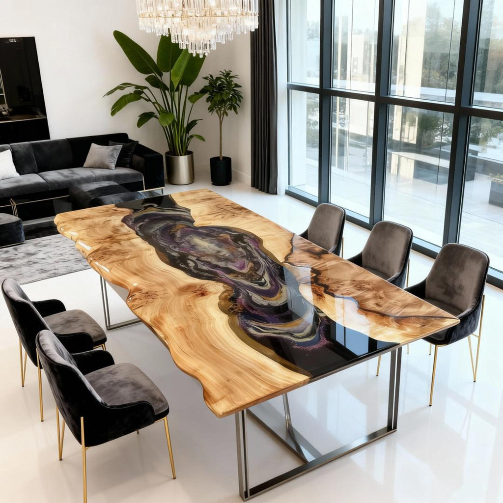 Table rivière sur mesure en bois de peuplier et résine époxy, Black Pearl QNT-482