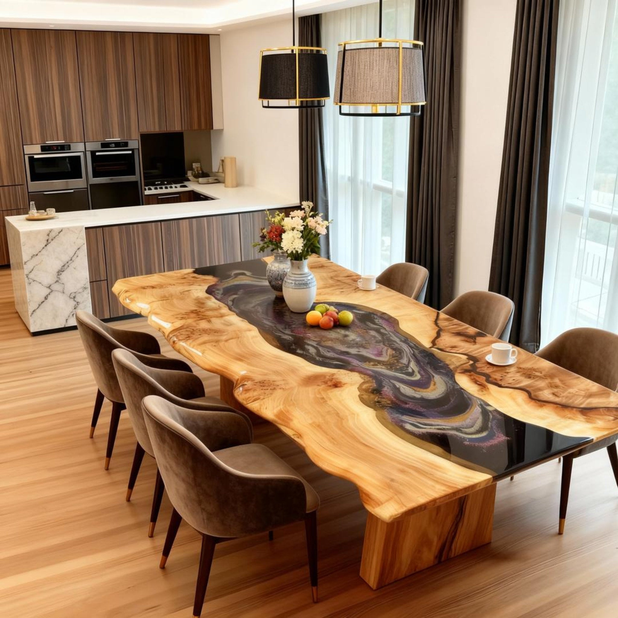 Table rivière sur mesure en bois de peuplier et résine époxy, Black Pearl QNT-482